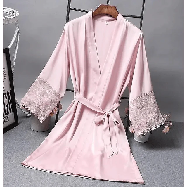 Lightweight Pink Women Sleepwear Classic Design Silk Bathrobe Lace Trim Bridesmaid Bride Party Robes
