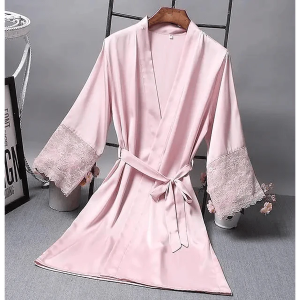 Lightweight Pink Women Sleepwear Classic Design Silk Bathrobe Lace Trim Bridesmaid Bride Party Robes