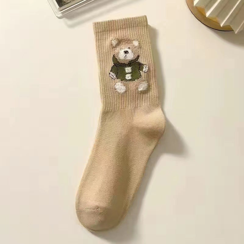 Little Bear Socks, Children's Middle Socks, Spring and Autumn Ins Trendy, Cute, Versatile, Fresh Japanese Coffee Color, Outerwear Long Socks, Autumn and Winter