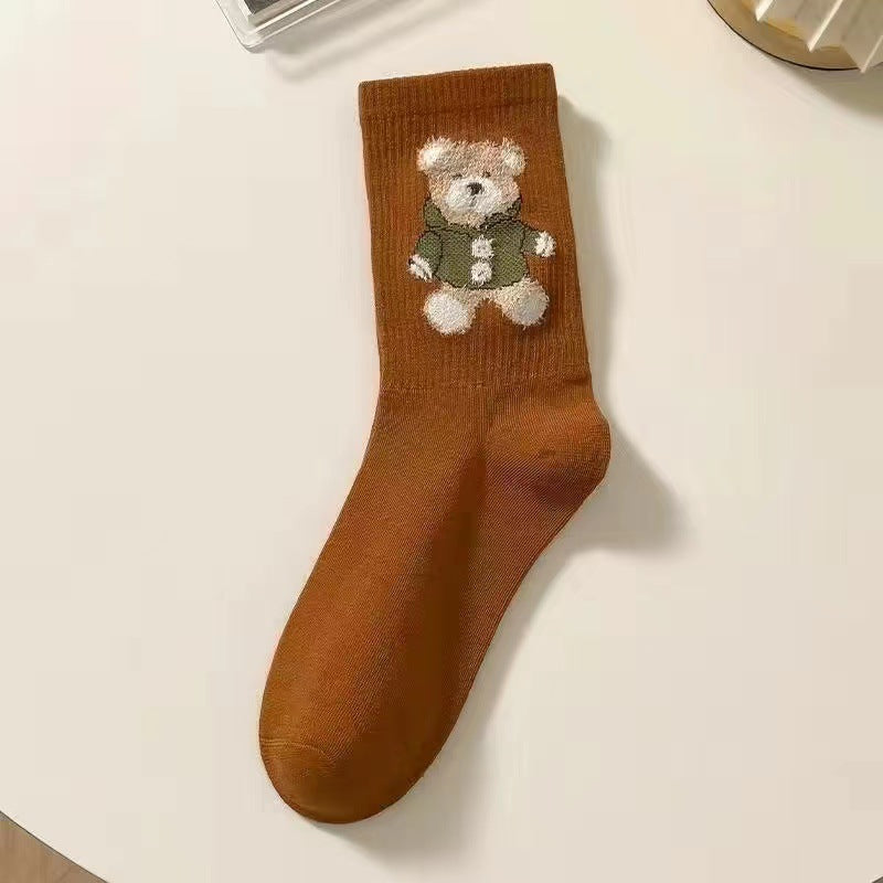 Little Bear Socks, Children's Middle Socks, Spring and Autumn Ins Trendy, Cute, Versatile, Fresh Japanese Coffee Color, Outerwear Long Socks, Autumn and Winter
