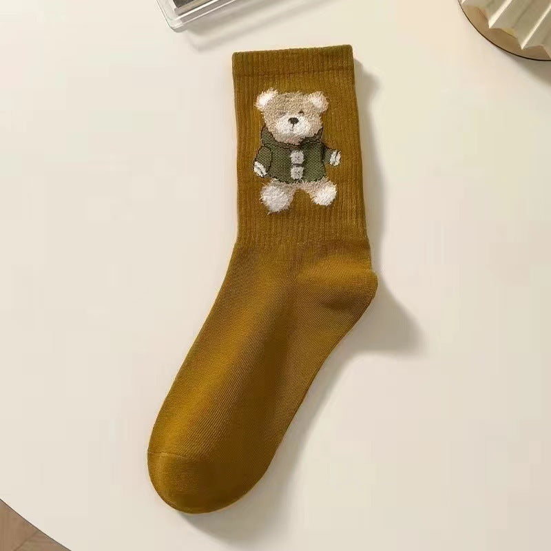 Little Bear Socks, Children's Middle Socks, Spring and Autumn Ins Trendy, Cute, Versatile, Fresh Japanese Coffee Color, Outerwear Long Socks, Autumn and Winter