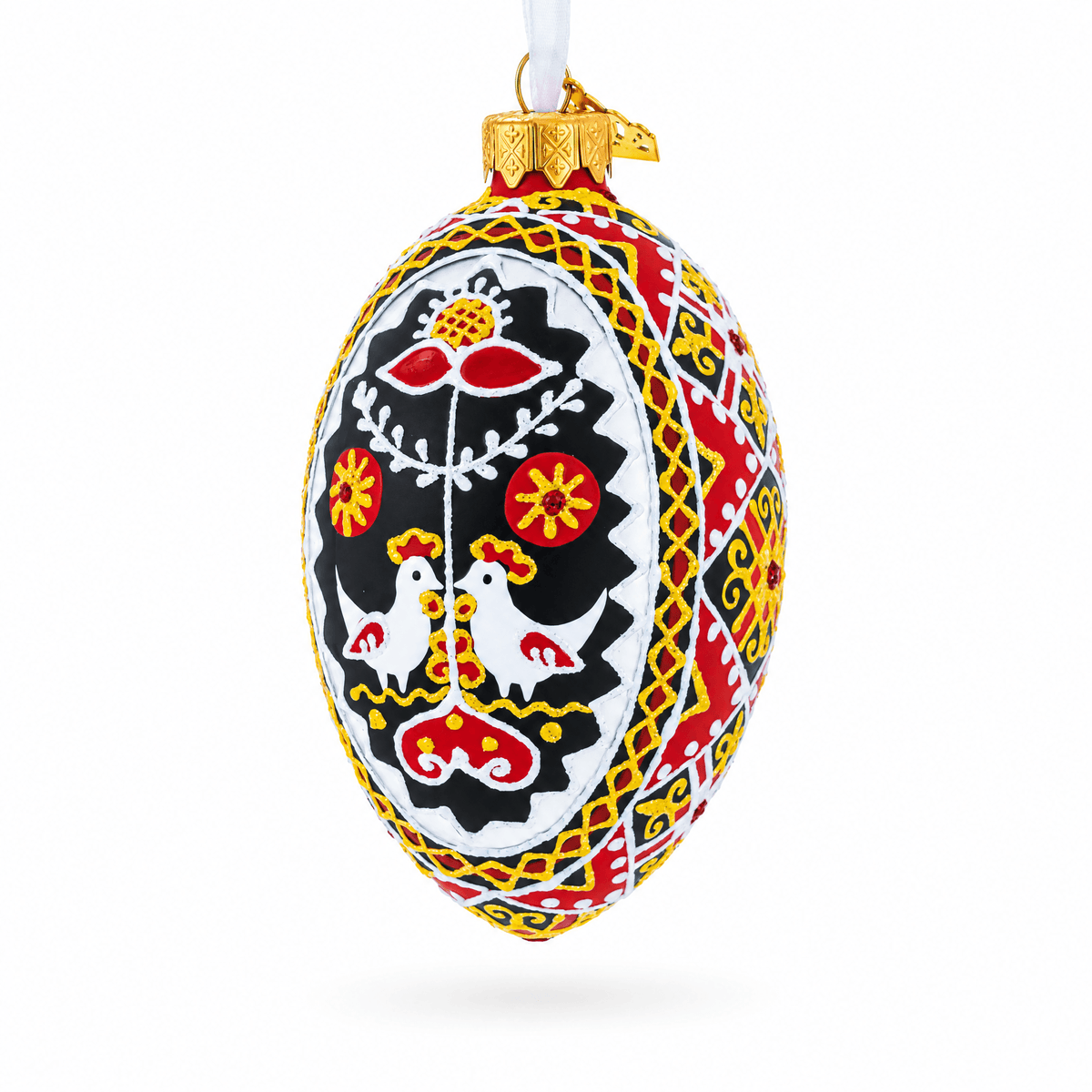 Two Roosters Ukrainian Glass Egg Ornament 4 Inches