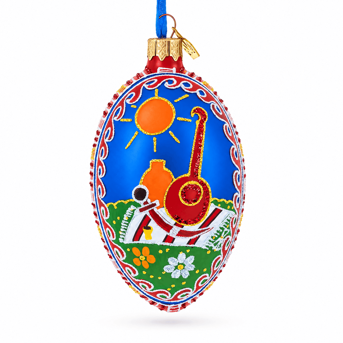 Kozak with Kobza Ukrainian Glass Egg Ornament 4 Inches