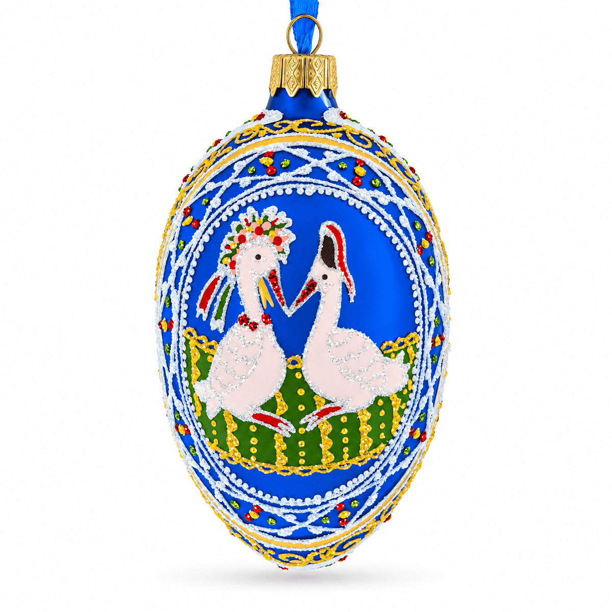 Storks Family Glass Egg Ornament 4 Inches