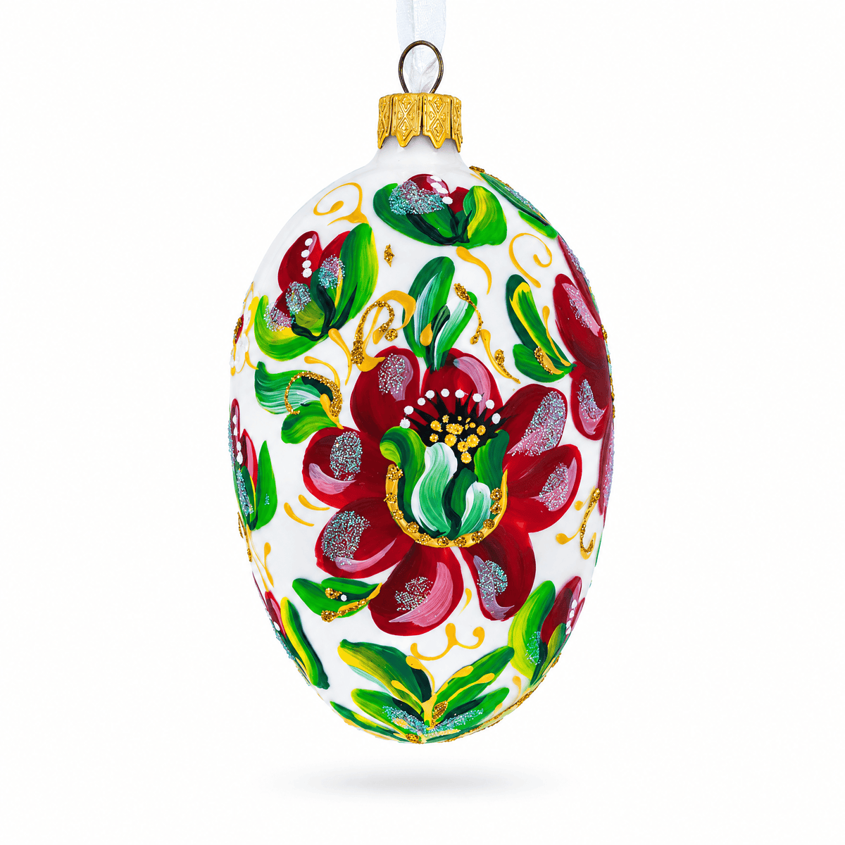 Red Flowers On White Glass Egg Ornament 4 Inches