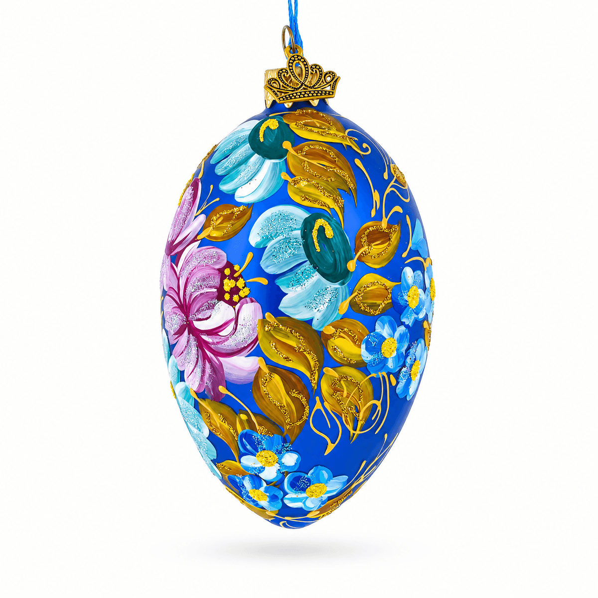 Multi Color Flowers Glass Egg Ornament 4 Inches