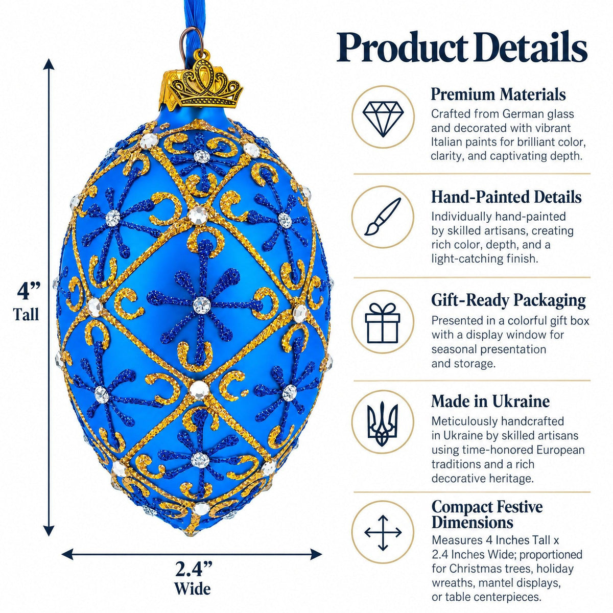 Jeweled Trellis On Blue Glass Egg Ornament 4 Inches