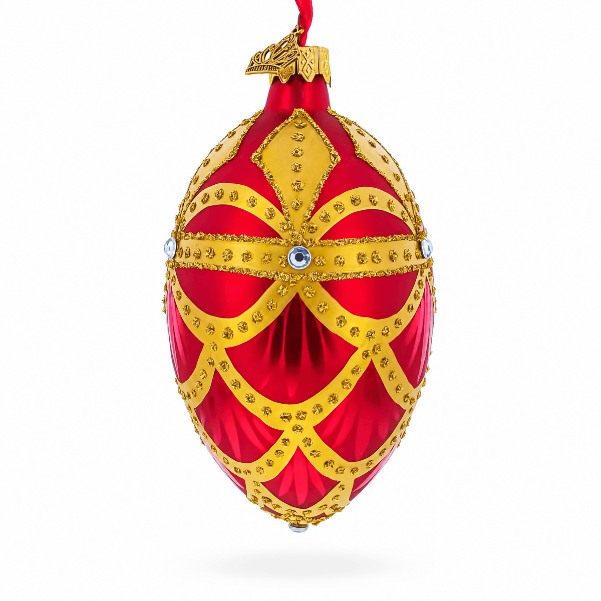Gold Trellis on Red Egg Glass Ornament 4 Inches