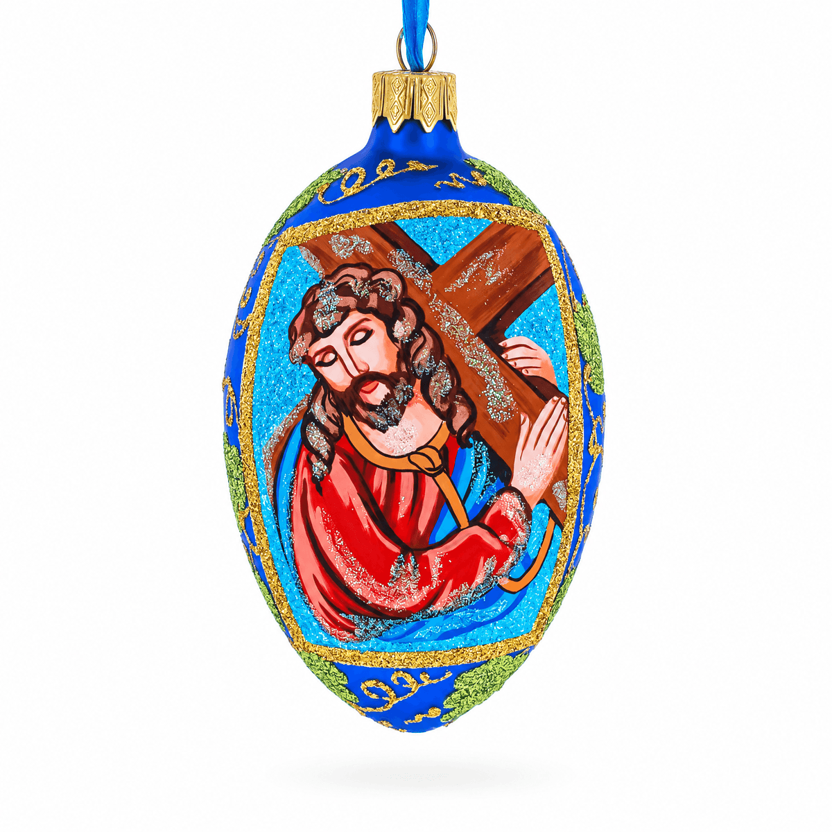 Jesus Carrying The Cross Glass Egg Ornament 4 Inches