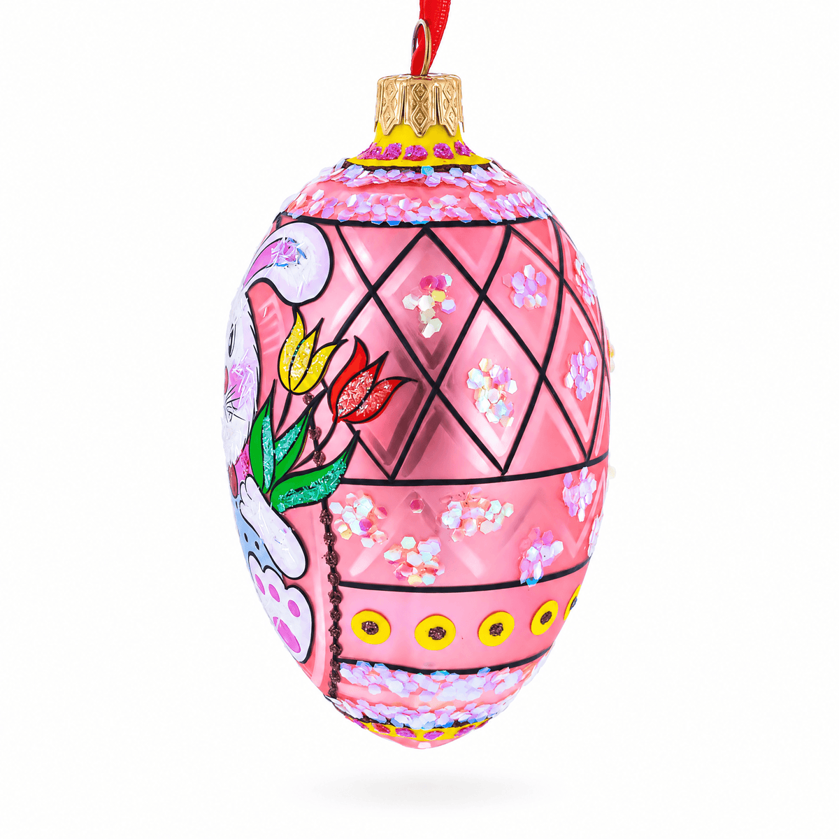 Easter Bunny With Tulips Glass Egg Ornament 4 Inches