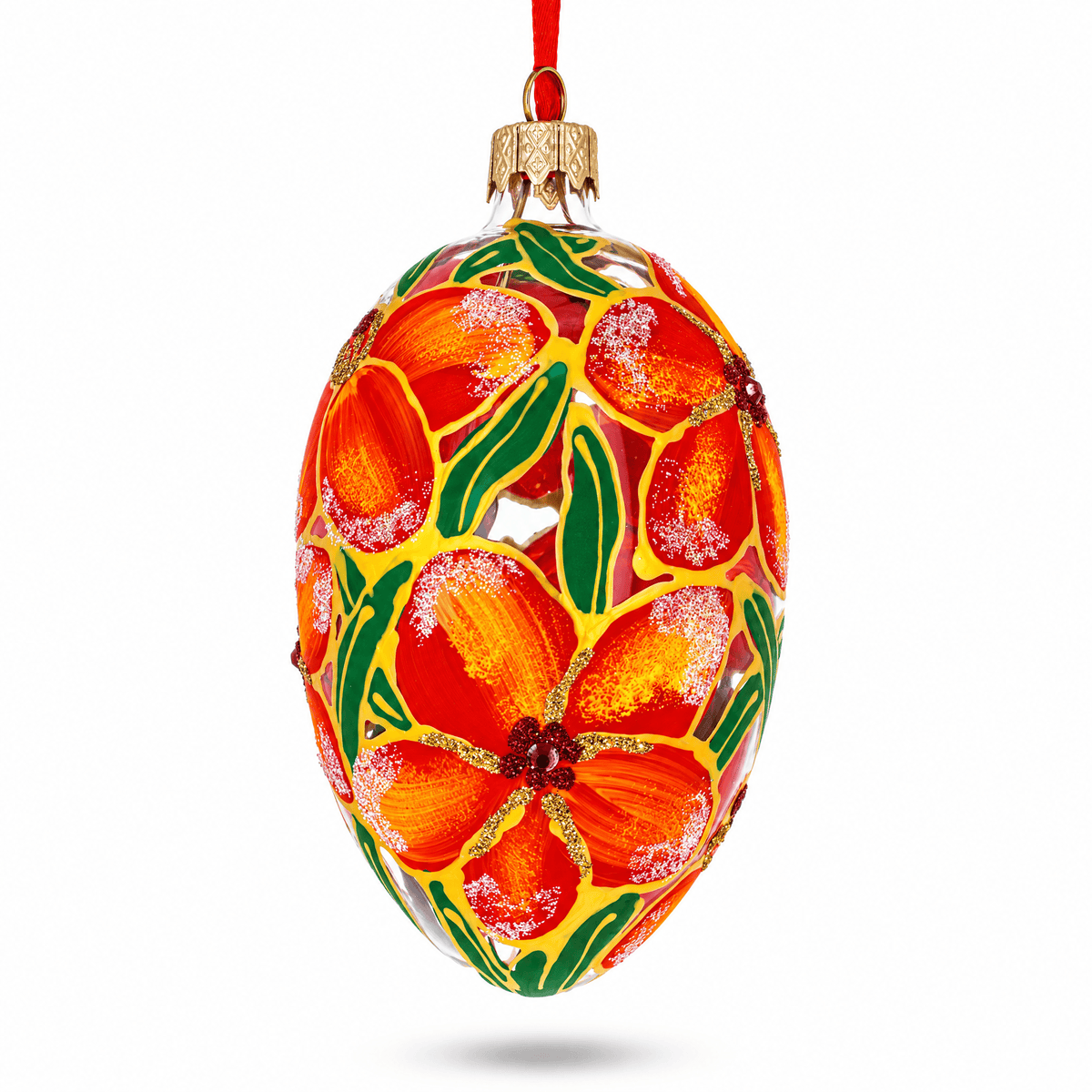 Red Flowers Bouquet Glass Egg Ornament 4 Inches