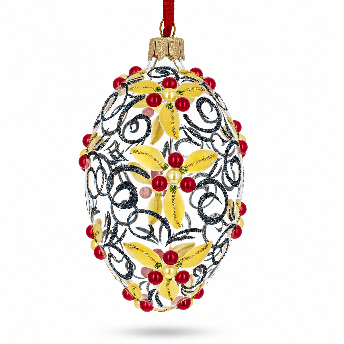 Red Berries On Clear Glass Egg Ornament 4 Inches