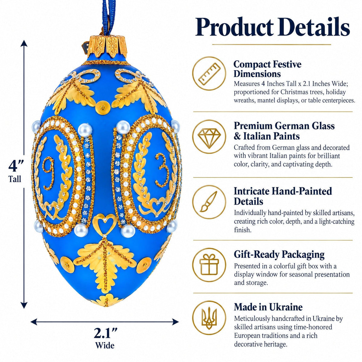 1893 Caucasus In Blue Royal Egg Glass Ornament 4 Inches