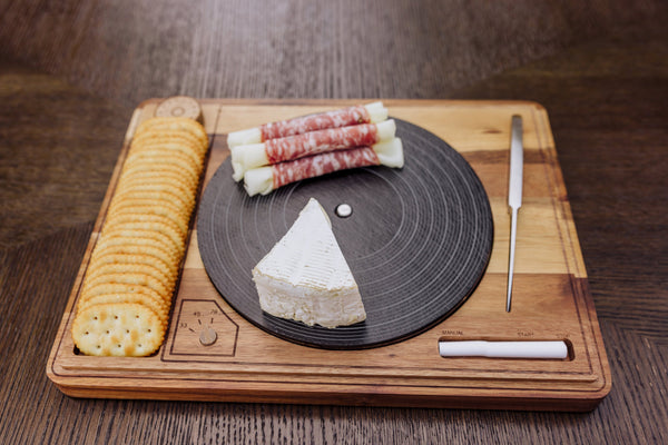 Turntable Acacia and Slate Cheese Board with Knife Picnic Time Family of Brands