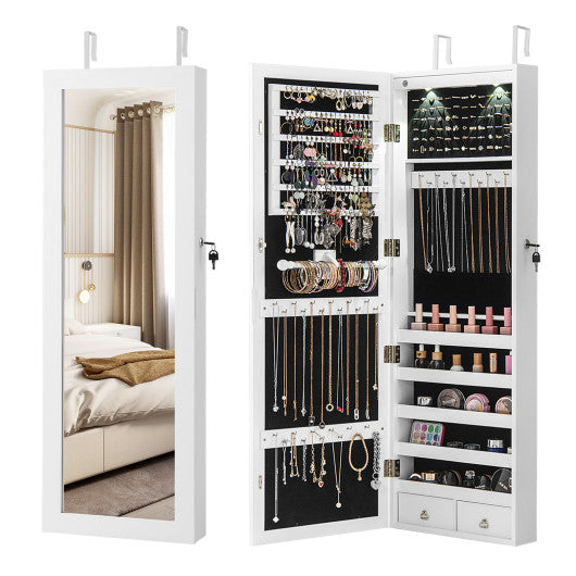 Lockable Wall Mount Mirrored Jewelry Cabinet with LED Lights-White