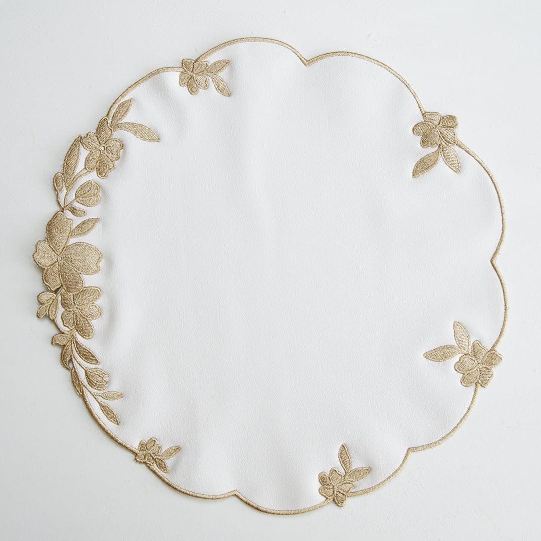 SPRING TABLE DECOR – LOTUS WHITE GOLD ROUND FAUX LEATHER PLACEMAT