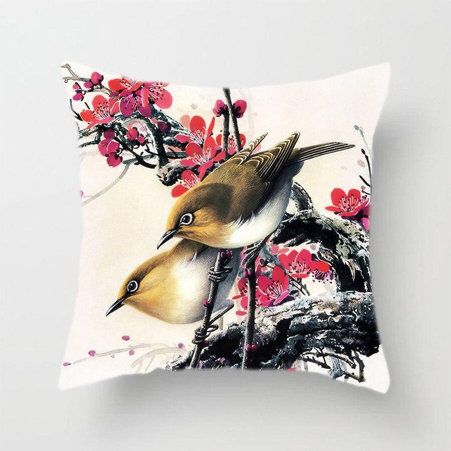Lovely Bird Polyester Cotton Cushion Cover Bird On The Tree Accent Decorative Throw Pillow Case Hand Painted Cushion Cover Cute Bird Pillow Shells Flower Pattern Pillow Covers Decorative For Sofa Bed Living Room Luxury New Stylish Pillows 45x45cm