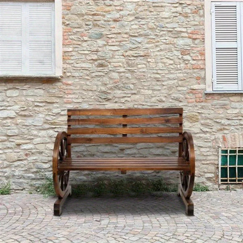Rustic Wooden Wagon Wheel Garden Bench