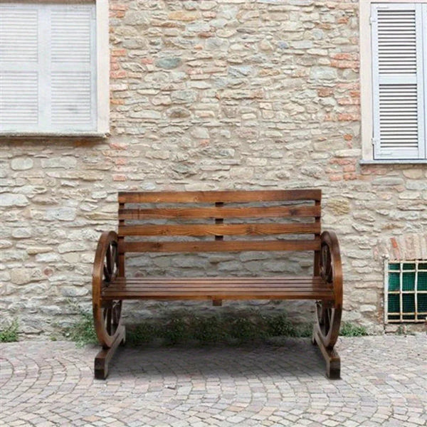 Rustic Wooden Wagon Wheel Garden Bench