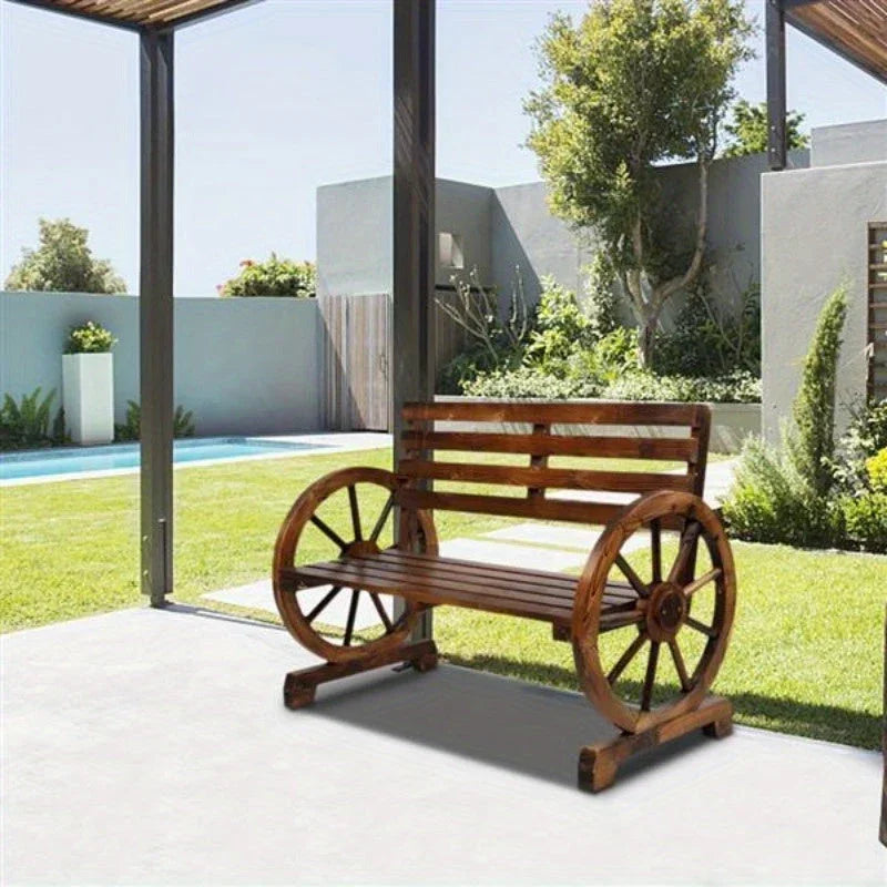 Rustic Wooden Wagon Wheel Garden Bench