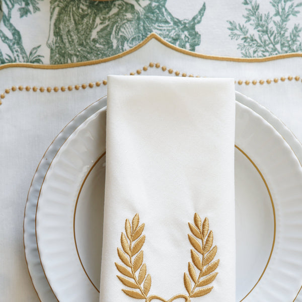 SPRING TABLE DECOR – LUNA IVORY GOLD TRIM PLACEMAT & NAPKIN SET