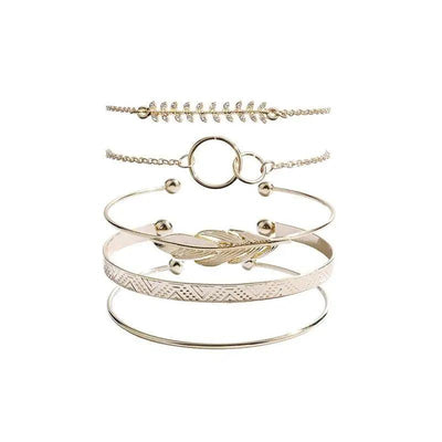 Luxruy Modern Bohemian Gold Color Moon Leaf Crystal Opal Open Bracelet Set for Women In Boho Beach Bangle Jewelry Style