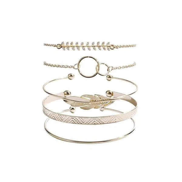 Luxruy Modern Bohemian Gold Color Moon Leaf Crystal Opal Open Bracelet Set for Women In Boho Beach Bangle Jewelry Style