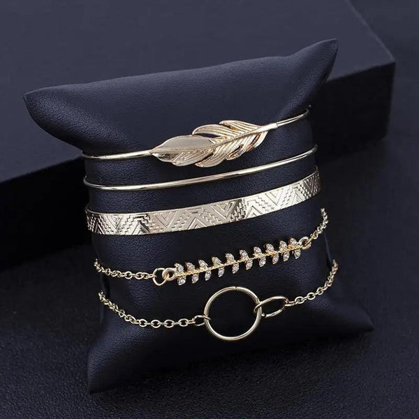 Luxruy Modern Bohemian Gold Color Moon Leaf Crystal Opal Open Bracelet Set for Women In Boho Beach Bangle Jewelry Style