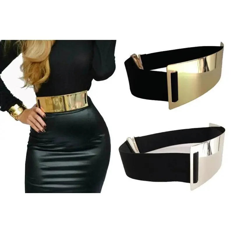 Luxurious Gold Wide Strap Elastic Belts For Women Elegant Metal Polished Plain Gold Belt Black Wide Strap Waistband for Women