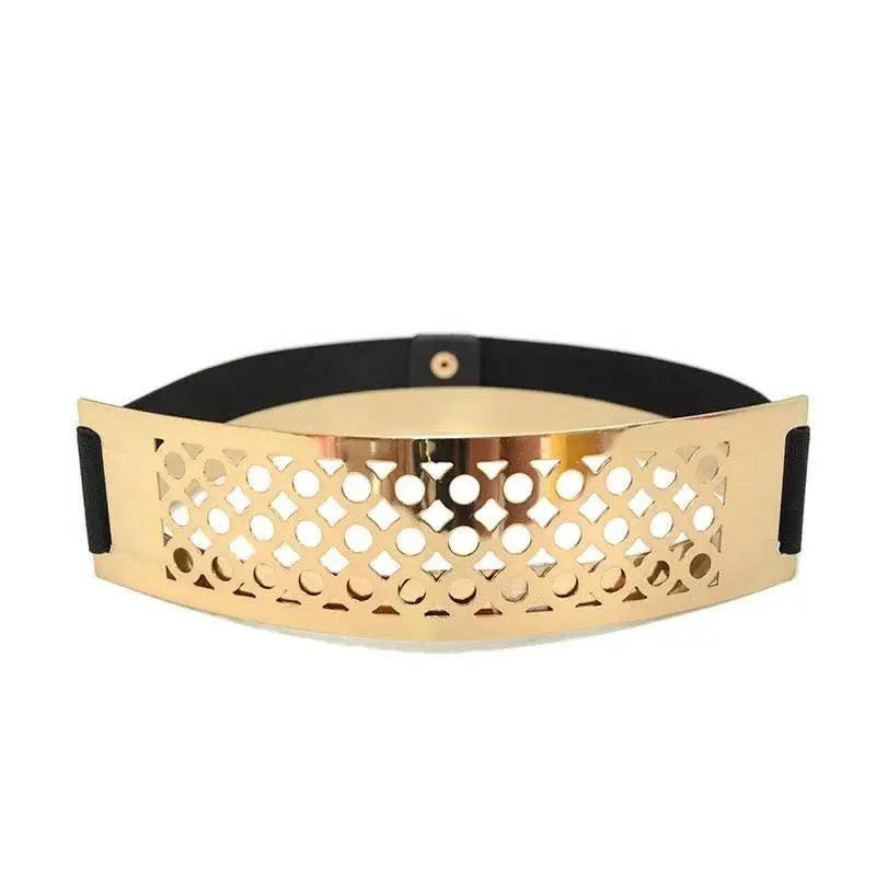 Luxurious Gold Wide Strap Elastic Belts For Women Elegant Metal Polished Plain Gold Belt Black Wide Strap Waistband for Women
