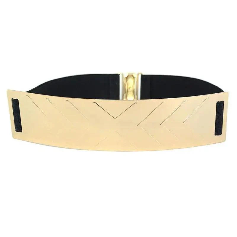 Luxurious Gold Wide Strap Elastic Belts For Women Elegant Metal Polished Plain Gold Belt Black Wide Strap Waistband for Women