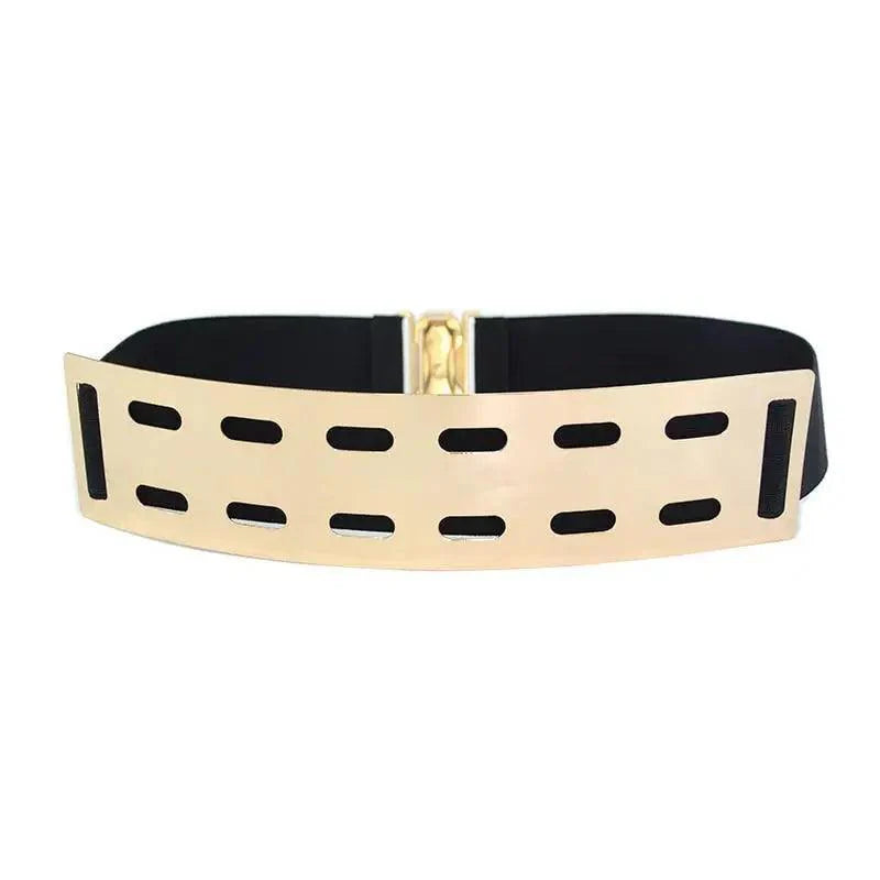 Luxurious Gold Wide Strap Elastic Belts For Women Elegant Metal Polished Plain Gold Belt Black Wide Strap Waistband for Women