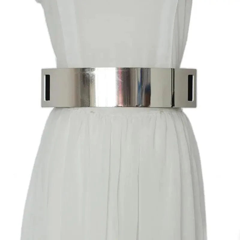 Luxurious Gold Wide Strap Elastic Belts For Women Elegant Metal Polished Plain Gold Belt Black Wide Strap Waistband for Women