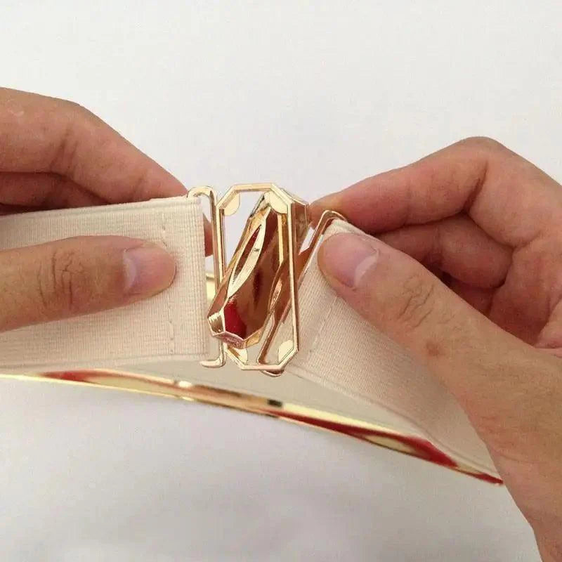 Luxurious Gold Wide Strap Elastic Belts For Women Elegant Metal Polished Plain Gold Belt Black Wide Strap Waistband for Women