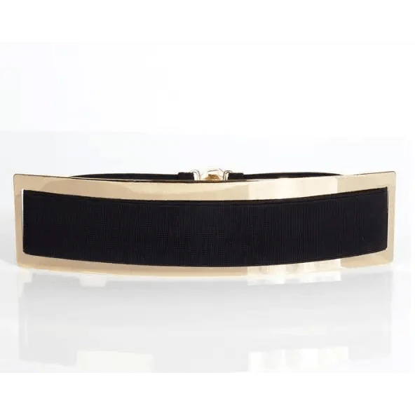 Luxurious Gold Wide Strap Elastic Belts For Women Elegant Metal Polished Plain Gold Belt Black Wide Strap Waistband for Women