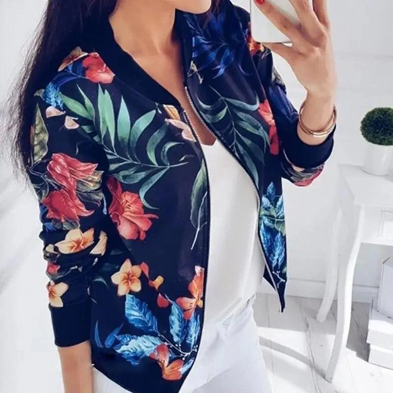 Luxurious Women Floral Jackets Spring Summer Long Sleeve Zipper Print Bomber Jacket Casual Pocket Slim Female Fashion Outwears Plus Size