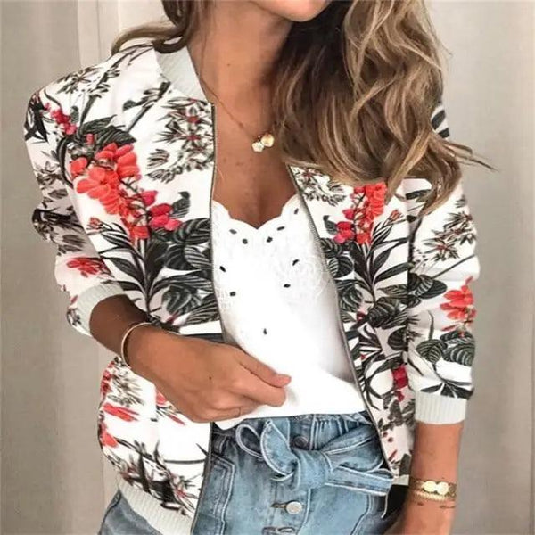 Luxurious Women Floral Jackets Spring Summer Long Sleeve Zipper Print Bomber Jacket Casual Pocket Slim Female Fashion Outwears Plus Size