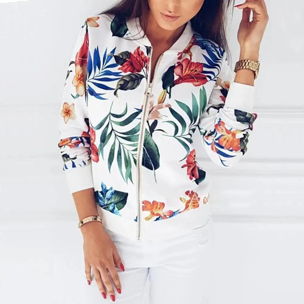 Luxurious Women Floral Jackets Spring Summer Long Sleeve Zipper Print Bomber Jacket Casual Pocket Slim Female Fashion Outwears Plus Size