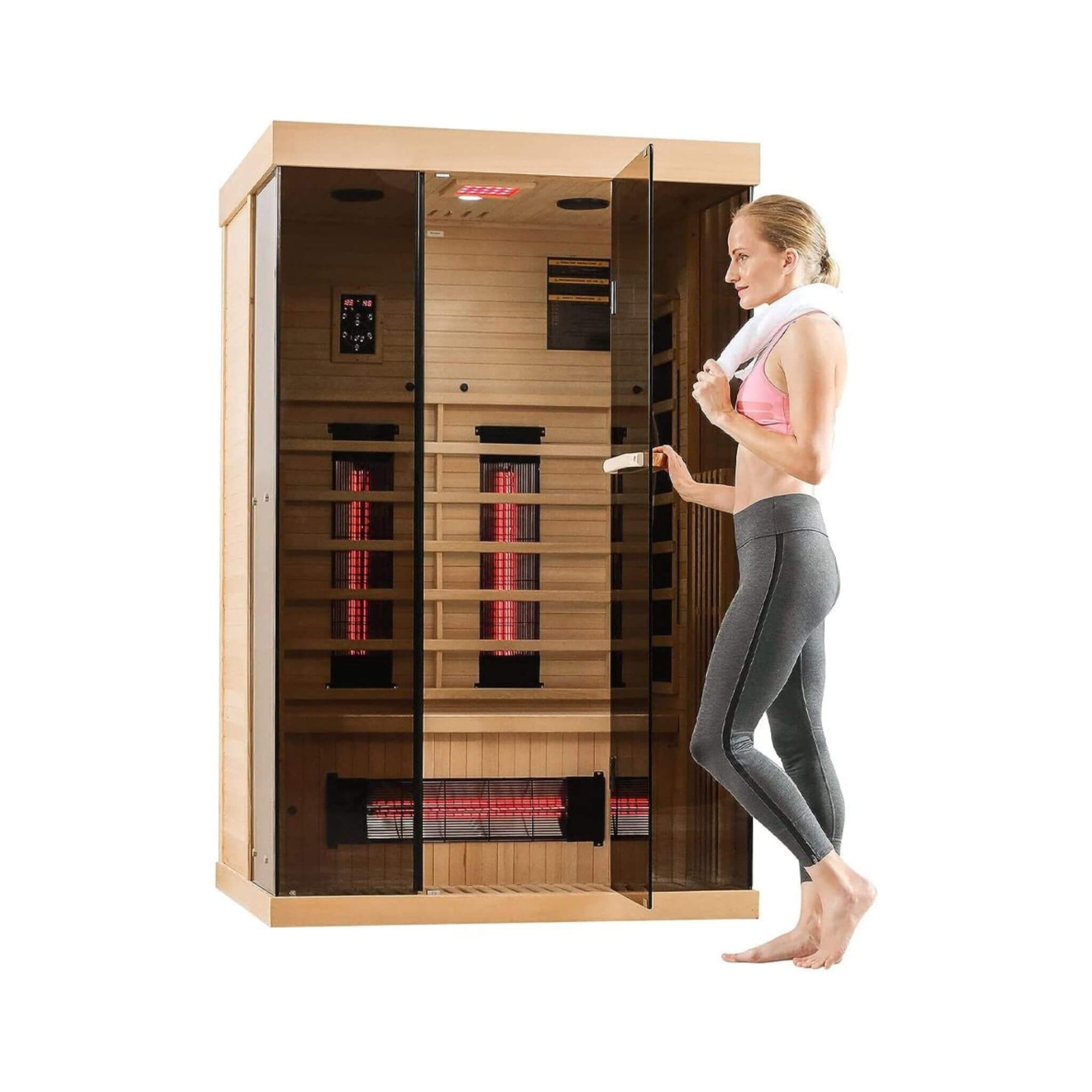 Valen Luxury 2000W 2-Person Low EMF FAR Infrared Heat Wood Home Personal Spa Sauna W/ Panoramic Tempered Glass (SAK27481)