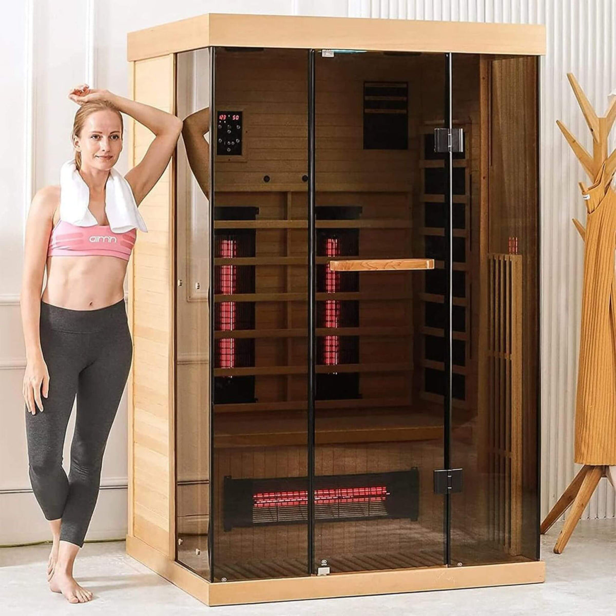 Valen Luxury 2000W 2-Person Low EMF FAR Infrared Heat Wood Home Personal Spa Sauna W/ Panoramic Tempered Glass (SAK27481)