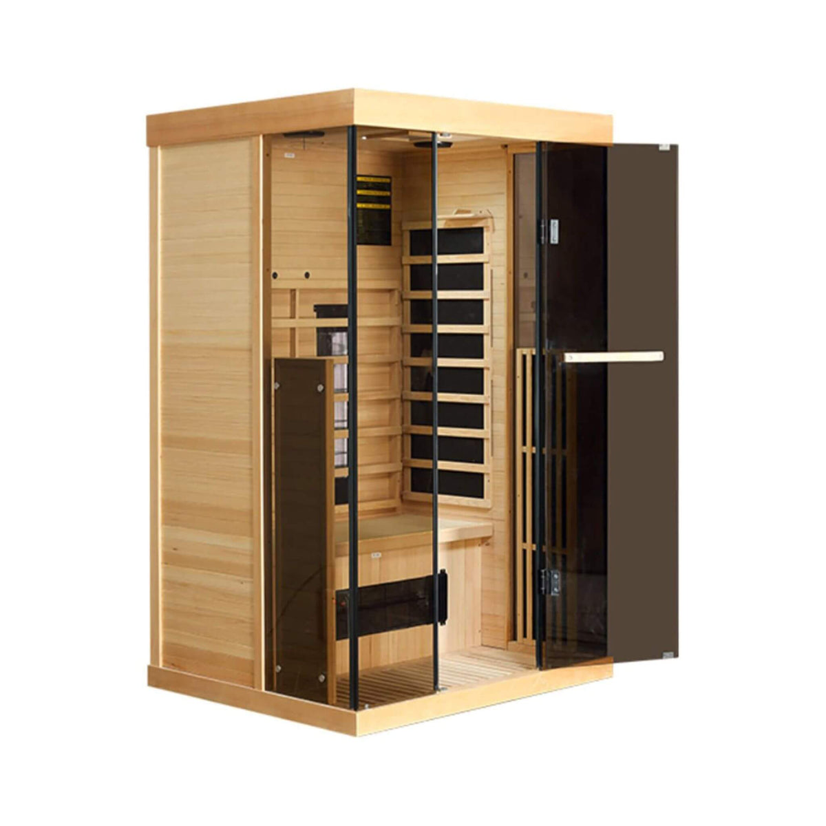 Valen Luxury 2000W 2-Person Low EMF FAR Infrared Heat Wood Home Personal Spa Sauna W/ Panoramic Tempered Glass (SAK27481)