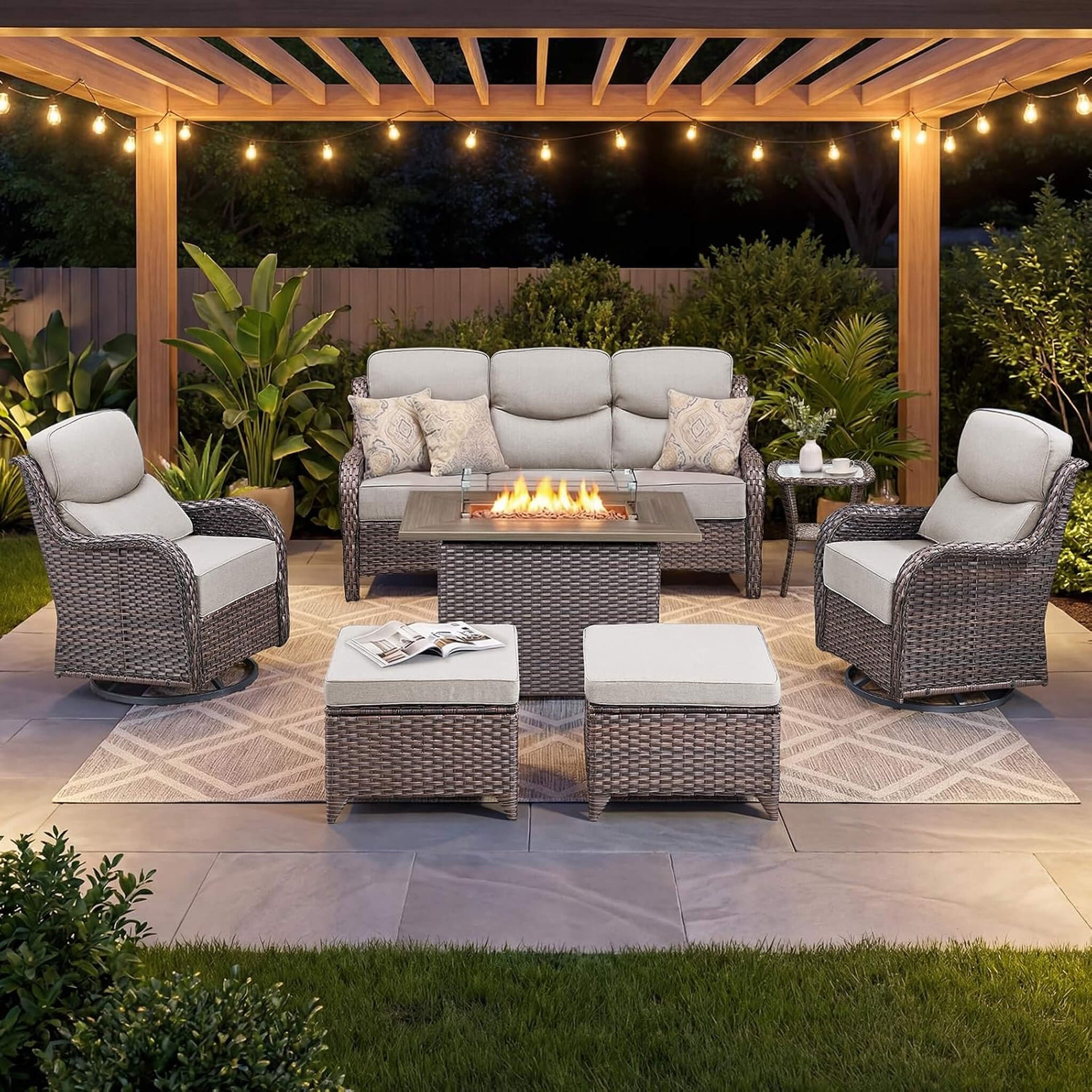 Luxury 7-Piece Outdoor Patio Furniture Set With Fire Pit Table (SAK57391)