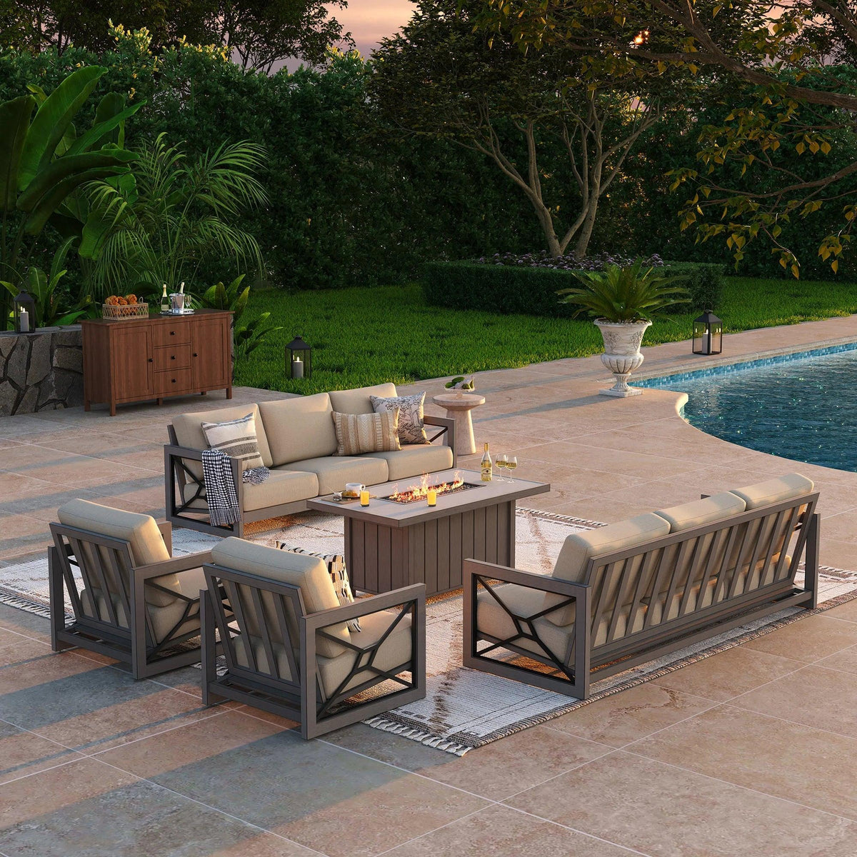 Marindo 8-Person Faux-Wood Aluminum Patio Outdoor Salon with Fire Pit Table