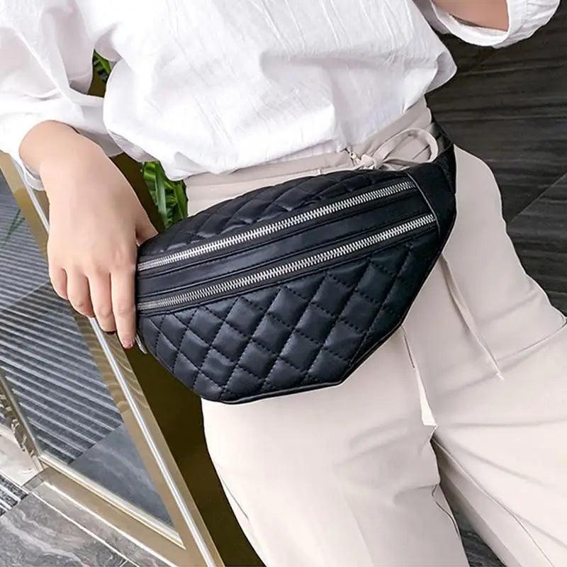 Luxury Black  PU Leather Fashion Women Waist Bag Waterproof Fanny Pack Beautiful Design Fanny Pack Cool Travel Waist Bag