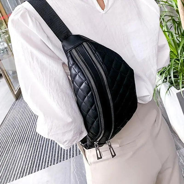 Luxury Black  PU Leather Fashion Women Waist Bag Waterproof Fanny Pack Beautiful Design Fanny Pack Cool Travel Waist Bag