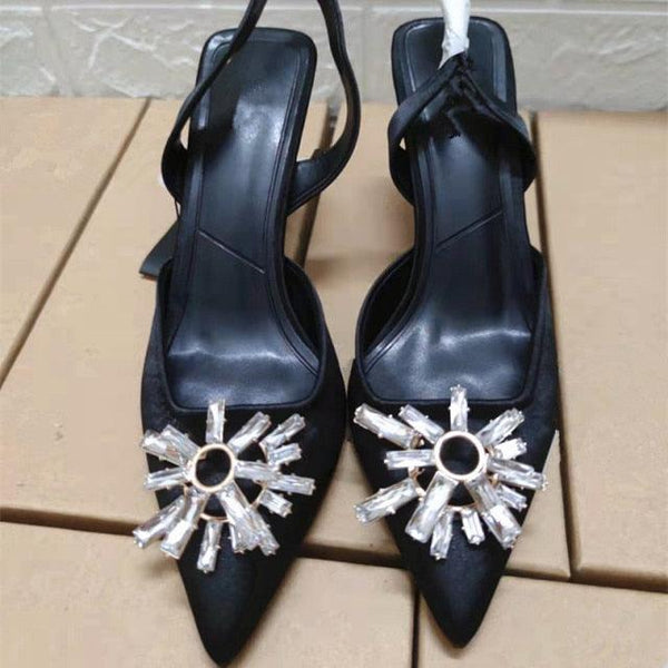 Luxury Black Straps Black Shoes For Women Shallow Summer Heels Beige Elastic Band Low Pointed Closed Flat Rhinestone Slip-on Shoes Flats Outdoor Walking Slippers