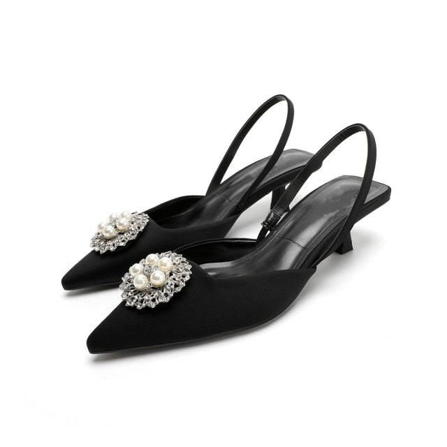 Luxury Black Straps Black Shoes For Women Shallow Summer Heels Beige Elastic Band Low Pointed Closed Flat Rhinestone Slip-on Shoes Flats Outdoor Walking Slippers