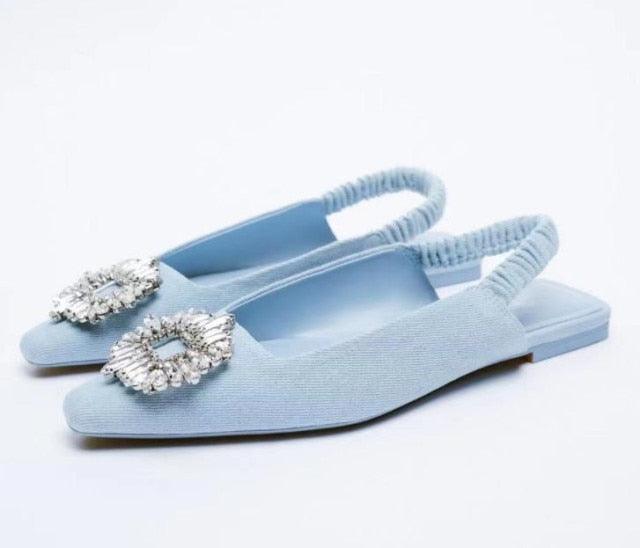 Luxury Black Straps Black Shoes For Women Shallow Summer Heels Beige Elastic Band Low Pointed Closed Flat Rhinestone Slip-on Shoes Flats Outdoor Walking Slippers