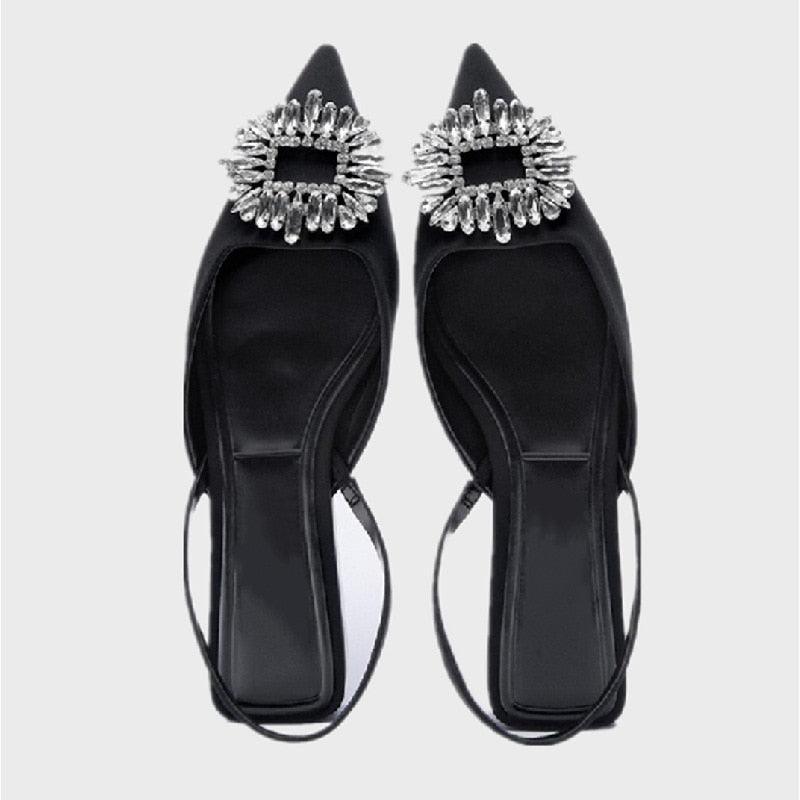 Luxury Black Straps Black Shoes For Women Shallow Summer Heels Beige Elastic Band Low Pointed Closed Flat Rhinestone Slip-on Shoes Flats Outdoor Walking Slippers