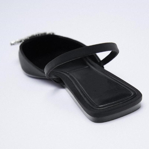 Luxury Black Straps Black Shoes For Women Shallow Summer Heels Beige Elastic Band Low Pointed Closed Flat Rhinestone Slip-on Shoes Flats Outdoor Walking Slippers